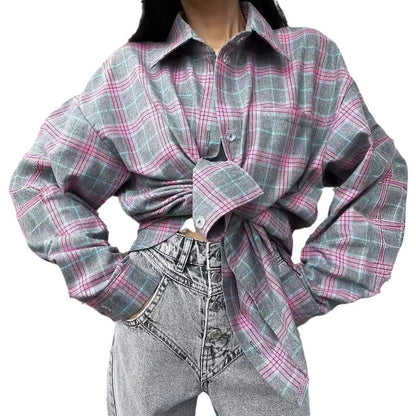 Women's Retro Easy Matching Lapel Loose Plaid Long-sleeved Shirt