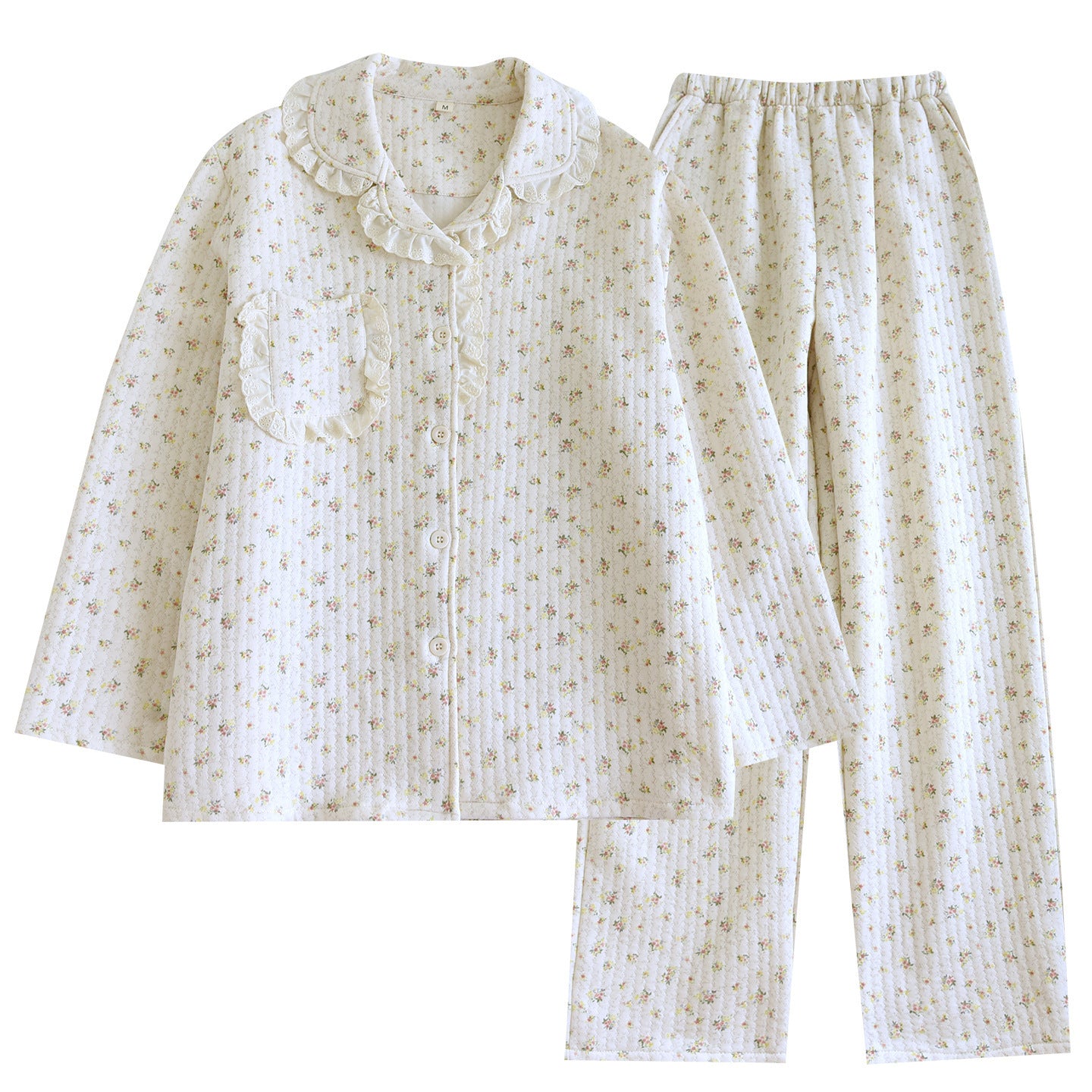 Air Layer Pastoral Floral Lace Lapel Pajamas Suit