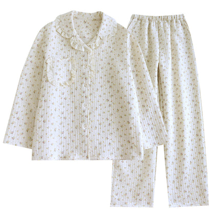 Air Layer Pastoral Floral Lace Lapel Pajamas Suit