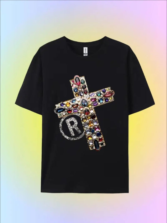 Cross Gemstone Inlaid With 3D Printing Women Ladies' Casual Loose Short Sleeves, T-shirts, Basic Tops, Unique Rest, Holiday Gifts Are Preferred, Suitable For Women's Wear In Spring And Summer, Teenage