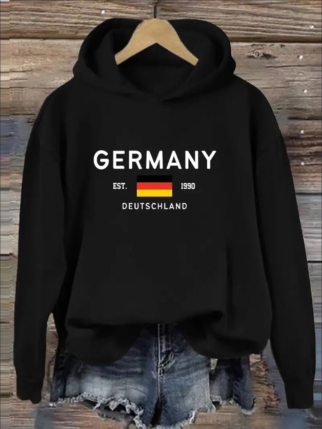 Cozy Germany Print Hoodie - Fashion Hoodies For Women - Soft Casual Long Sleeve Sweatshirt For Fall And Winter Seasons, Comfortable Women's Clothing With Relaxed Fit