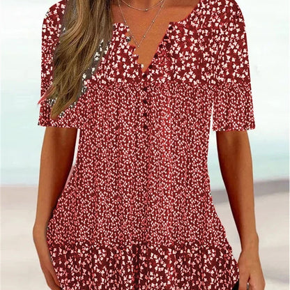 Loose V-neck Short Sleeve Button Printed T-shirt Shirt