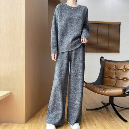Australian Wool Round Neck Loose Western Style Sweater Straight-leg Pants Thickened Knitting Suit