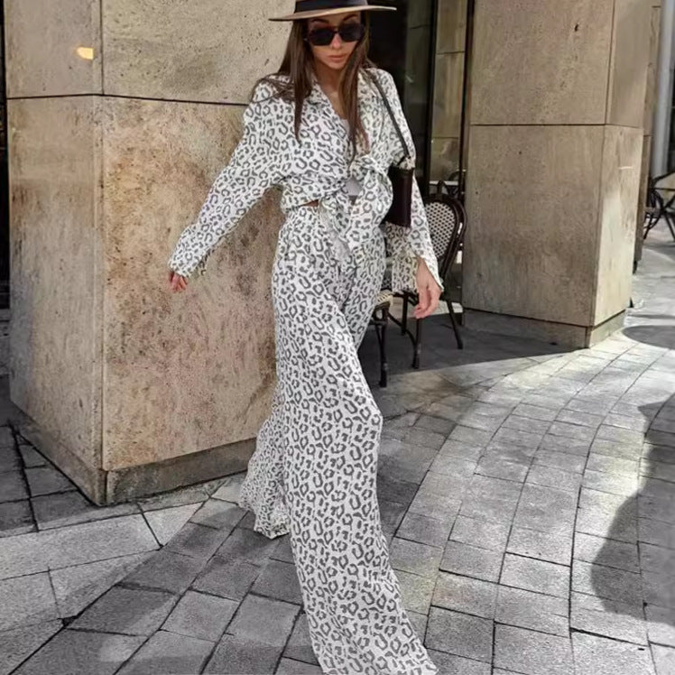 Pure Cotton Leopard-print Long-sleeved Shirt High Waist Suit Women