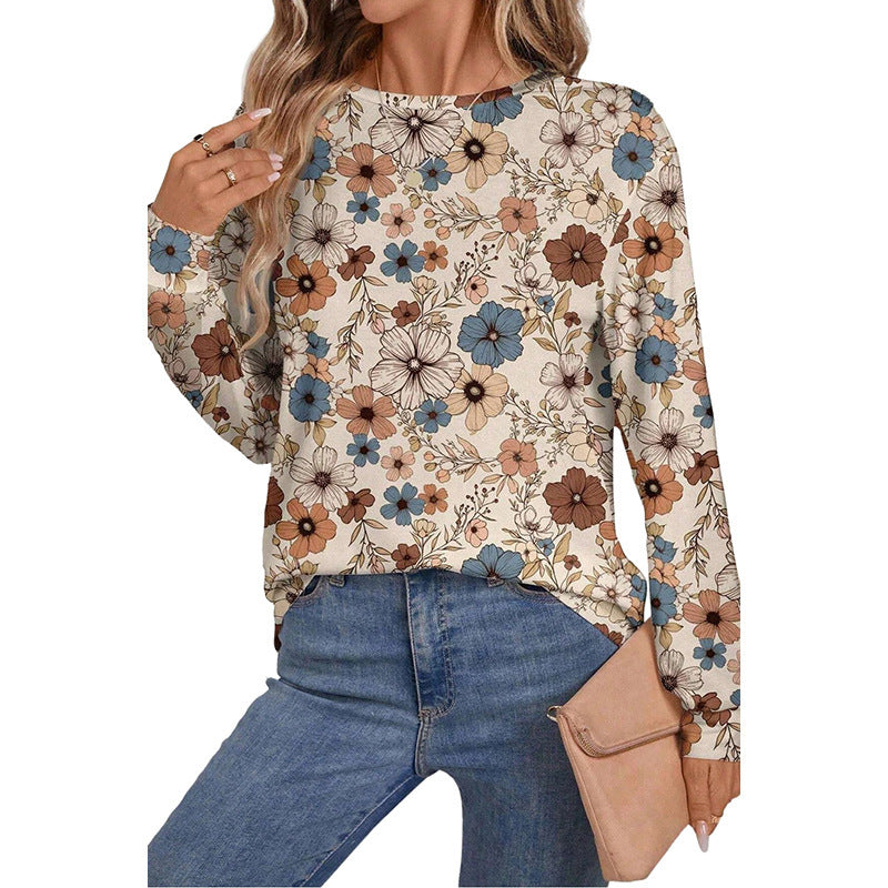 Women's Round Neck Pullover European And American Leisure All-match Floral Print Sweater