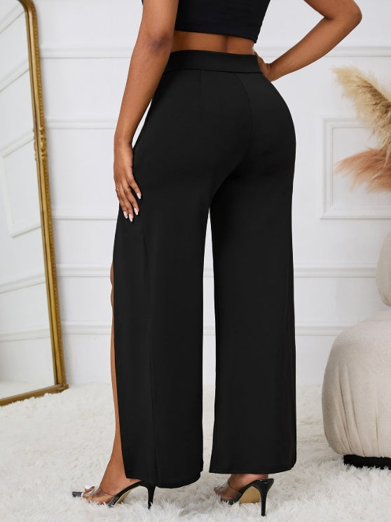 Ladies' Solid Color Belt, Loose Wide Leg Slit, Elegant Straight Leg Pants