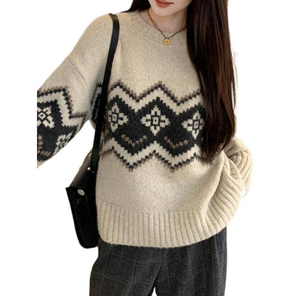 Retro Crew Neck Soft Glutinous Sweater For Women