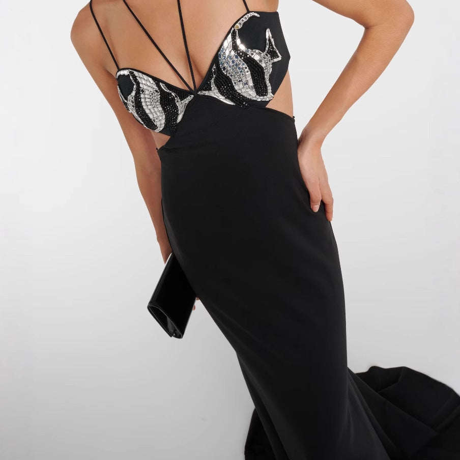 Tight Bandage One-piece Dress Black & Rhimestone Evening Dress