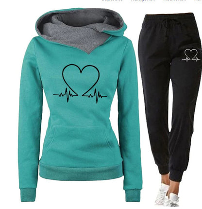 Love Heart Printed Sports Suit Hooded Sweatshirt Top And Drawstring Pants Fashion Casual Clothing For Women