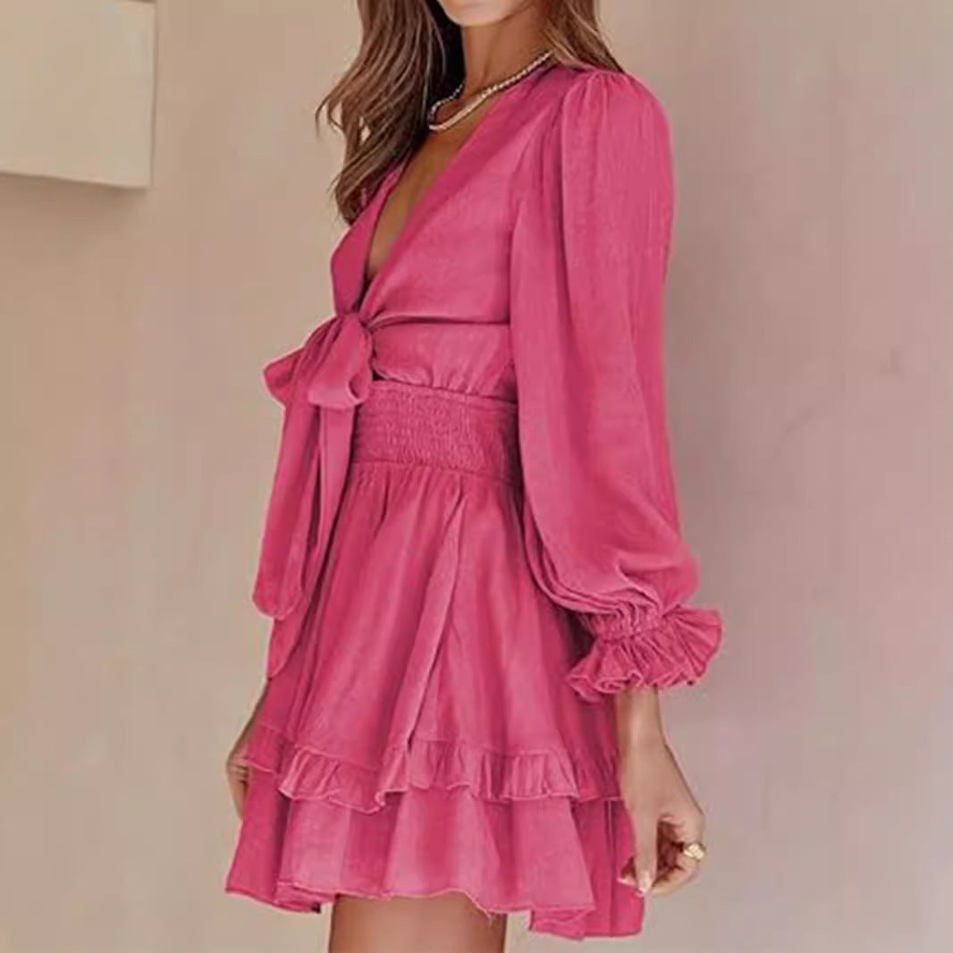 V-neck Ruffled Slimming Long Sleeves Short A- Line Dress