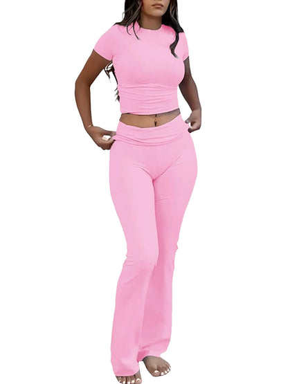 Casual Solid Color Slim Fit Two-piece Pants Set, Short Sleeved Round Neck T-shirt And Tight Flared Pants Sports Pants Clothing, Women's Clothing