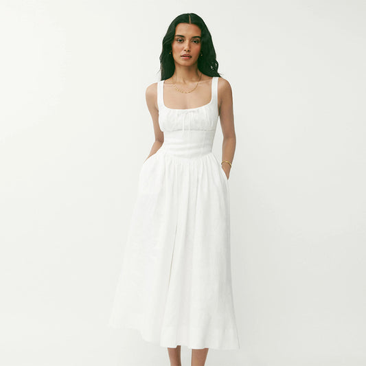 Women's Fashion Linen White French Dress