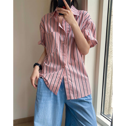 New Literary Retro Lapel Striped Short-sleeved Shirt Loose And Thin