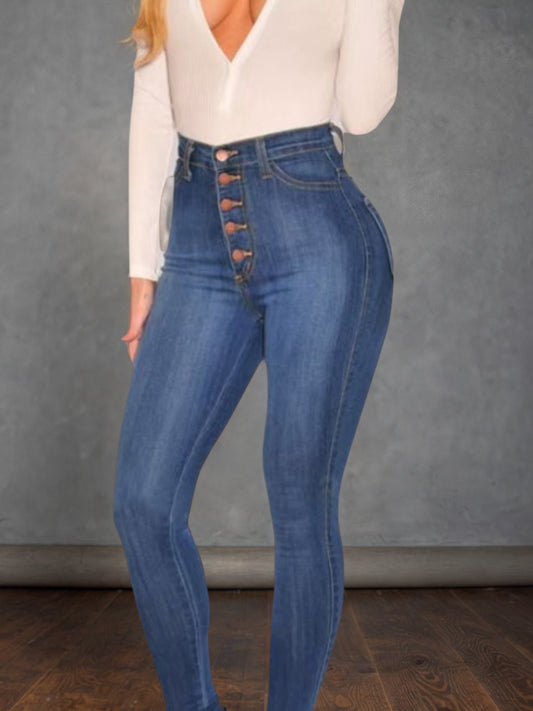 Women's Mid Blue High Waisted Buckle Tight Jeans Are Comfortable To Wear. High Waist Design, Buckle Design Adds A Sense Of Fashion,