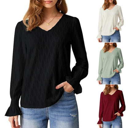 Fashion V-neck Long Sleeve Smocking T-shirt Top Women's Clothing