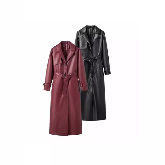 Long Poly Urethane Leather Trench Coat