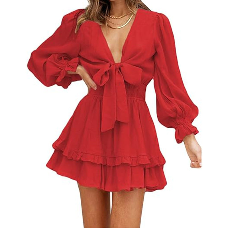 V-neck Ruffled Slimming Long Sleeves Short A- Line Dress