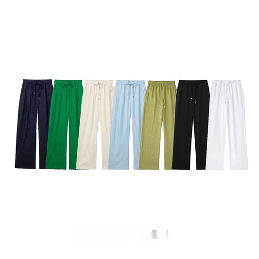 New Fashion Elastic Waist Pure Color Tied Comfort And Casual Straight-leg Pants