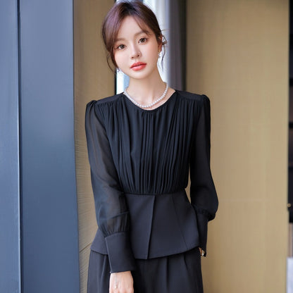 Stitching Ruffle Top Fashionable Wide Leg Pants Suit