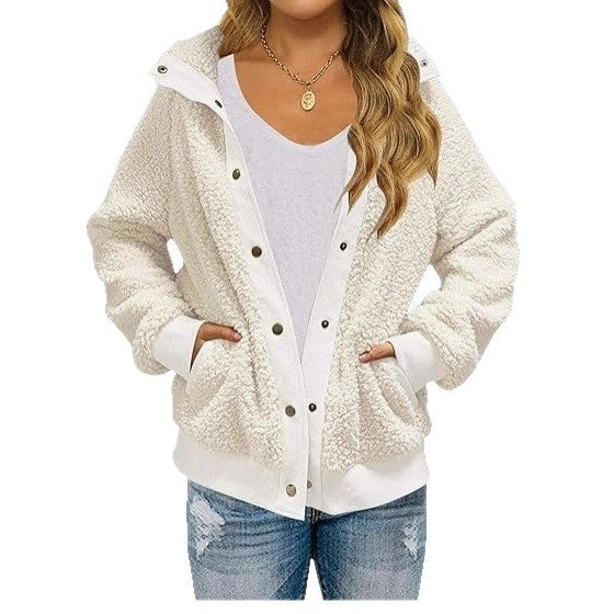 Cardigan Coat Thickened Fleece Pocket Pure Color Warm Keeping Coat For Women