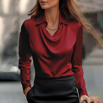 Women's Elegant Long Sleeve Blouse - Solid Color Lapel Top With Ruched Chest Detail Office & Casual Wear For Spring Fall