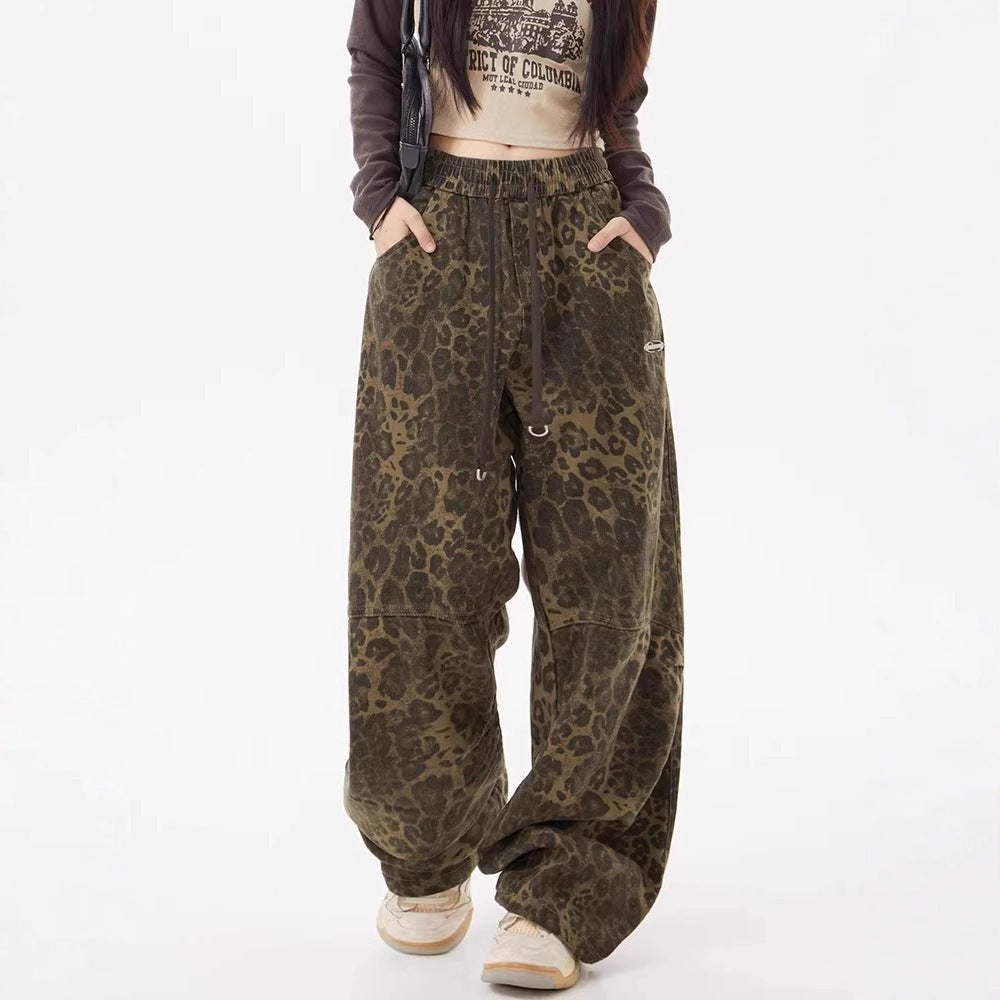 Leopard Print Women's Design Elastic Waist Loose Wide Leg Pants