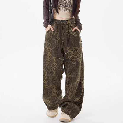 Leopard Print Women's Design Elastic Waist Loose Wide Leg Pants