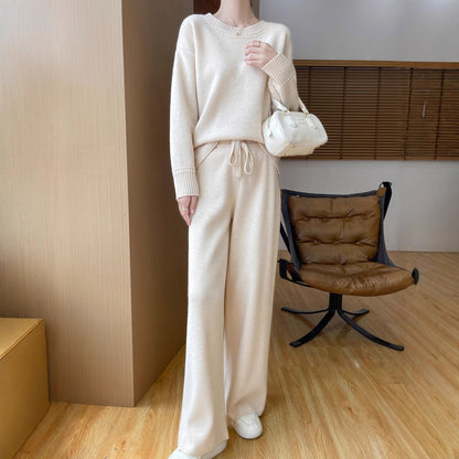 Australian Wool Round Neck Loose Western Style Sweater Straight-leg Pants Thickened Knitting Suit