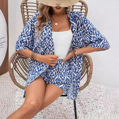 Fashion Loose Print Cardigan Suit Women