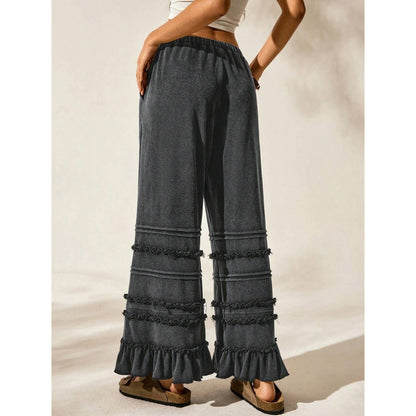 Summer Casual Vacation Style Black Worn Looking Washed-out Loose Flared Pants