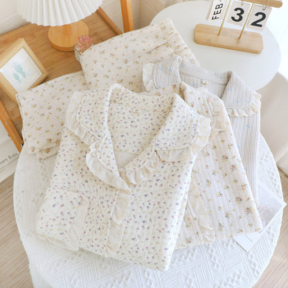 Air Layer Pastoral Floral Lace Lapel Pajamas Suit