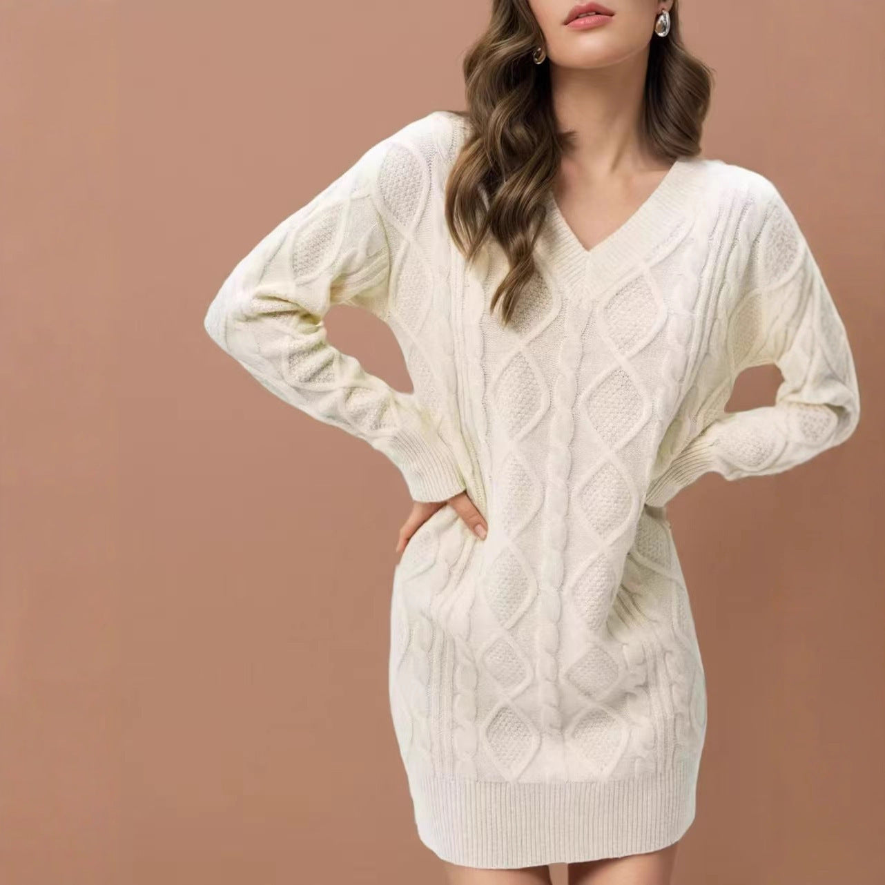Mid-length Sweater V-neck Knitted Casual Twist Dress