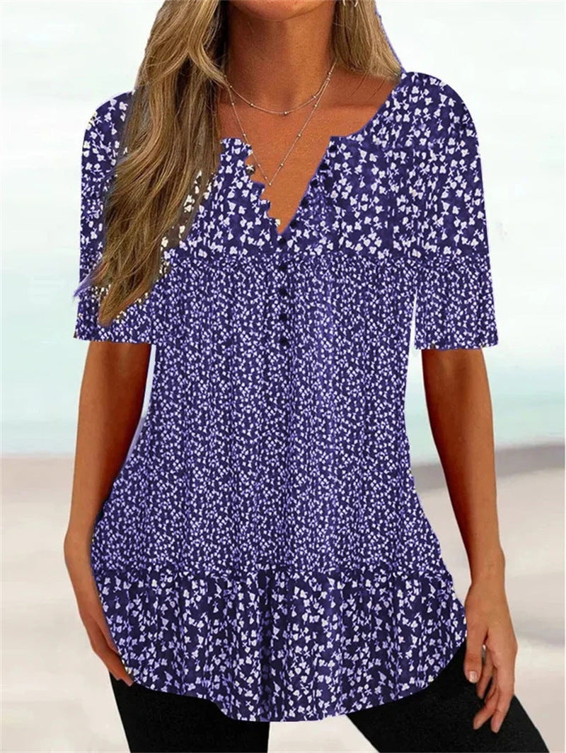 Loose V-neck Short Sleeve Button Printed T-shirt Shirt