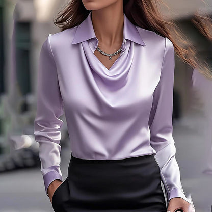 Women's Elegant Long Sleeve Blouse - Solid Color Lapel Top With Ruched Chest Detail Office & Casual Wear For Spring Fall