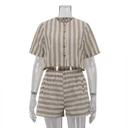 Short Sleeve Striped Shirt And Shorts Suit