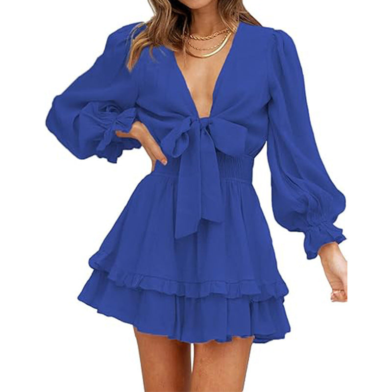 V-neck Ruffled Slimming Long Sleeves Short A- Line Dress