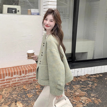 Korean Style Temperament Crew Neck Woolen Coat