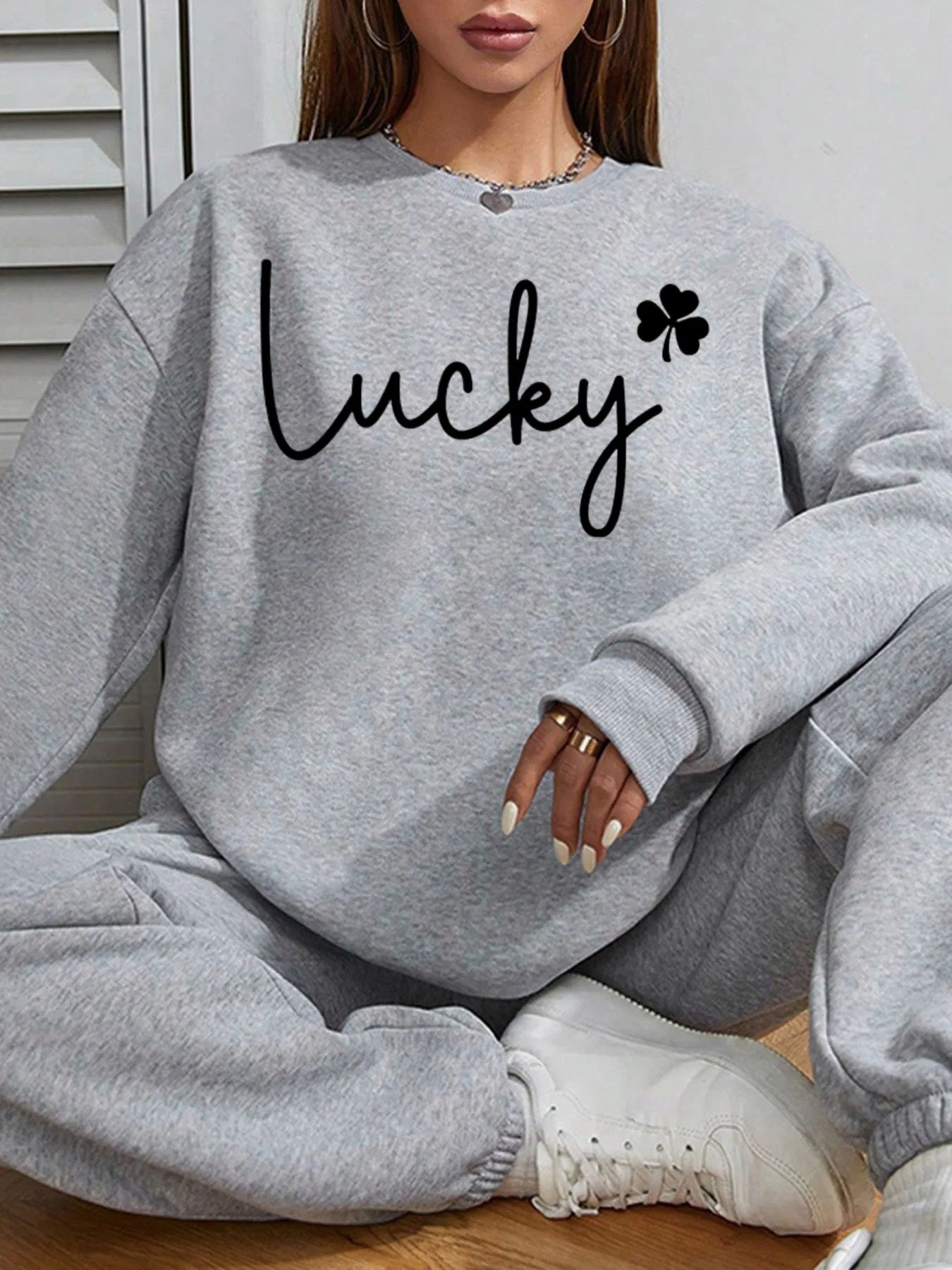 Women Basic Casual Pullover Spring Autumn Long Sleeve Lucky Printed Round Neck