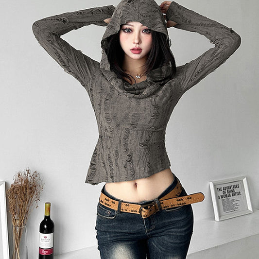 Hot Girl Waste Soil Style Hooded T-shirt Women's Autumn New