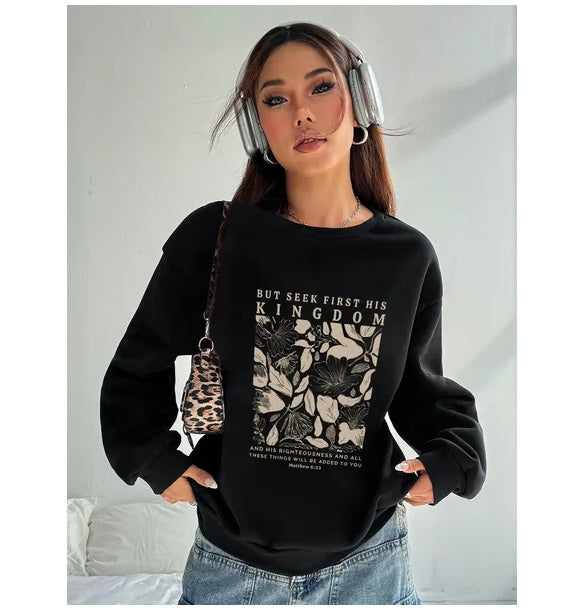 Women Basic Casual Pullover Spring Autumn Long Sleeve Vegetative Printed Round Neck