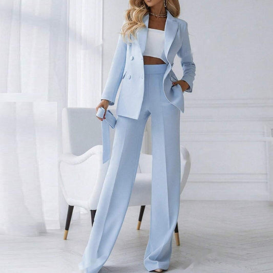 Autumn Solid Color Notched Lapel Double Breasted Pocket Set