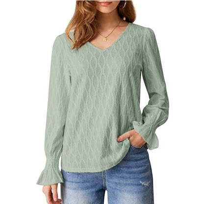 Fashion V-neck Long Sleeve Smocking T-shirt Top Women's Clothing