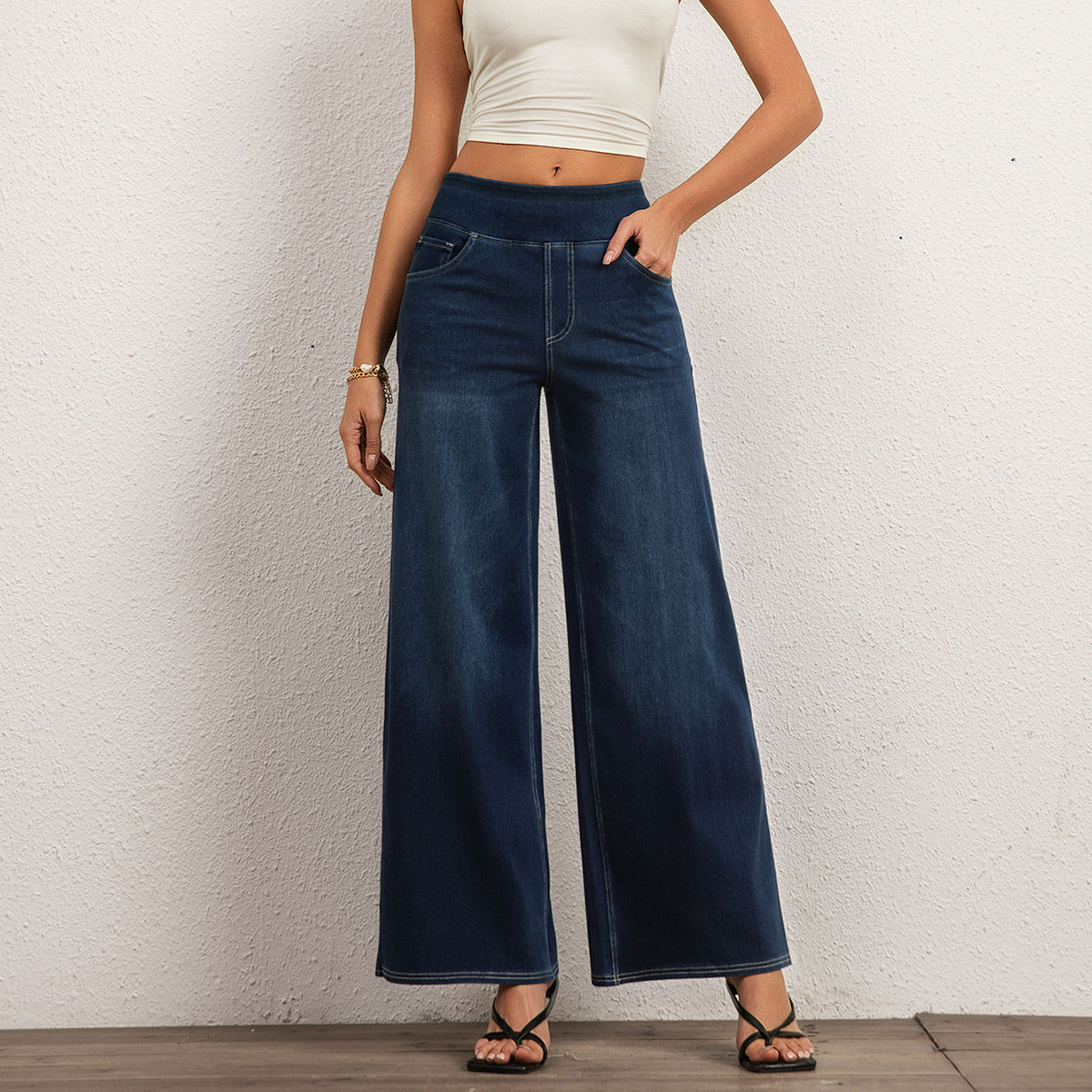 Shascullfites High Waist Straight Jeans For Women Stretchy Dark Blue Casual Loose Wide Leg Trousers