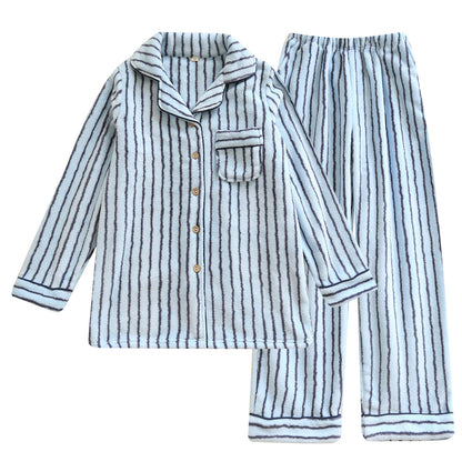 Striped Flannel Couple Lapel Pajamas Suit