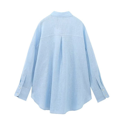 Women's Fashion Long Linen Sleeves Lapel Shirt