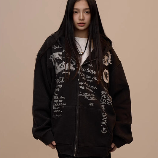 Sweater Women's Letter Printed Black Hooded Zipper Coat