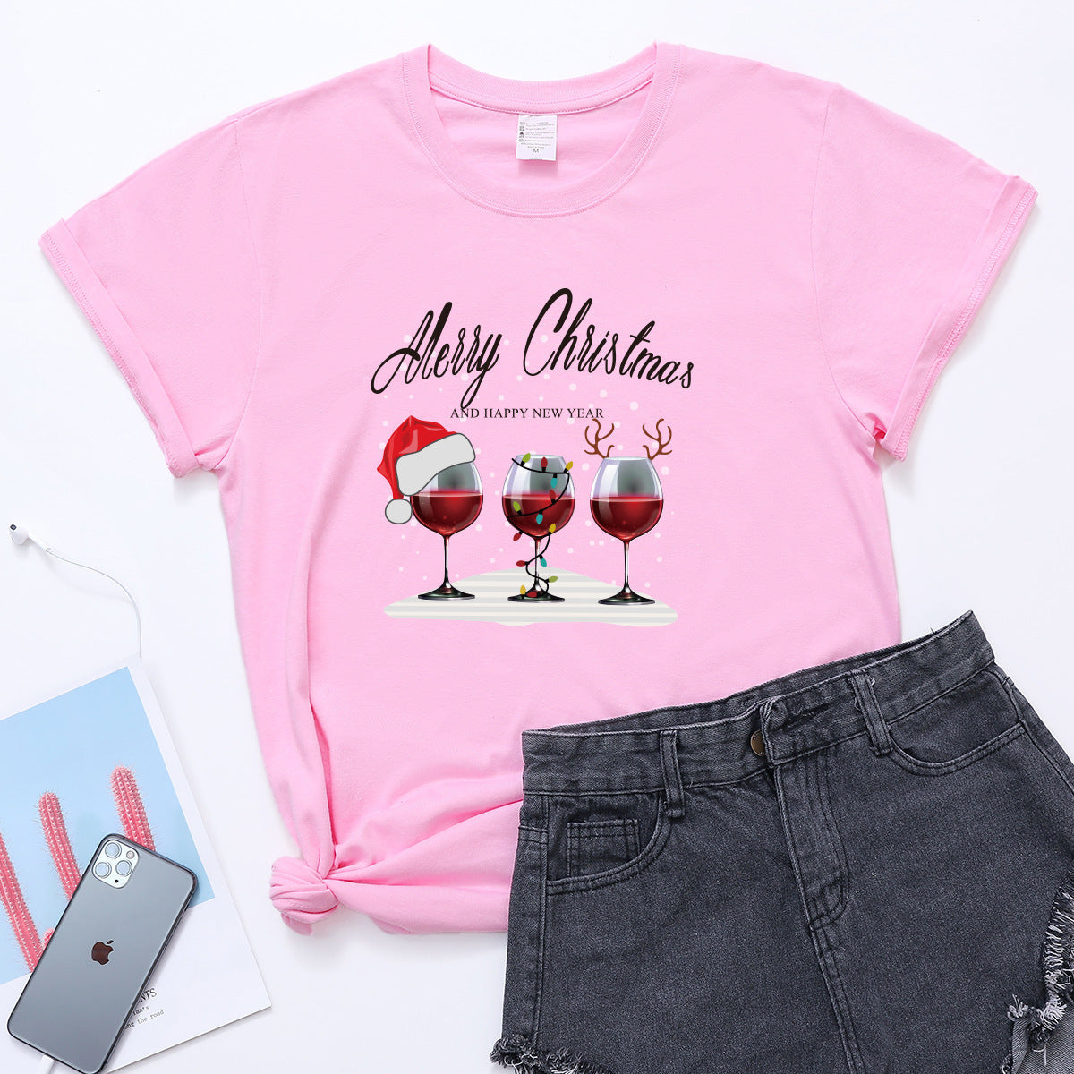 Christmas Three Wine Glasses Print Short Sleeve