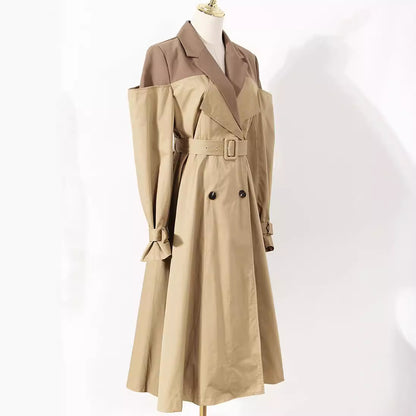 Two-color Knot Fake Two Pieces Suit Collar Trench Coat Female Dress