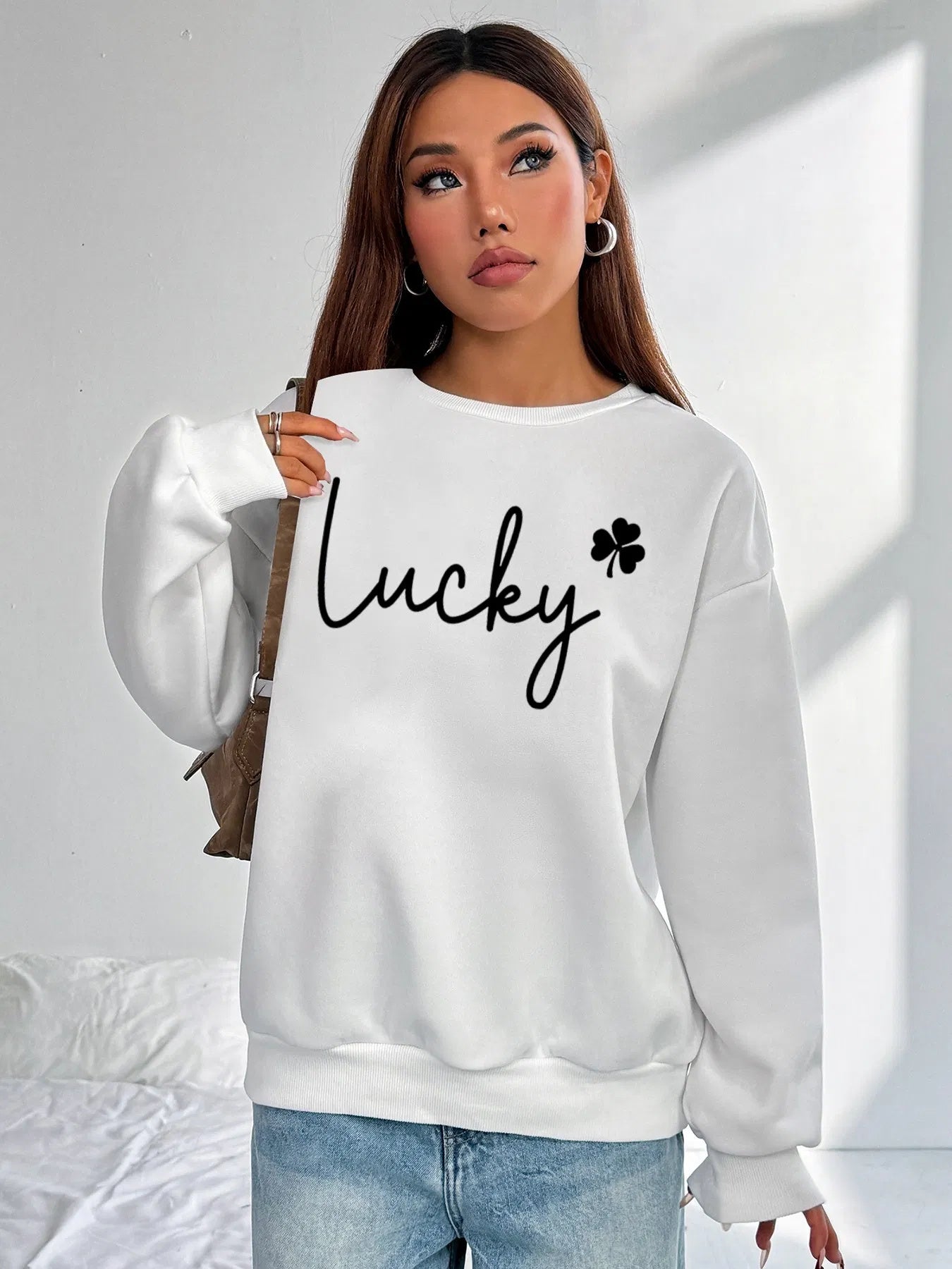 Women Basic Casual Pullover Spring Autumn Long Sleeve Lucky Printed Round Neck