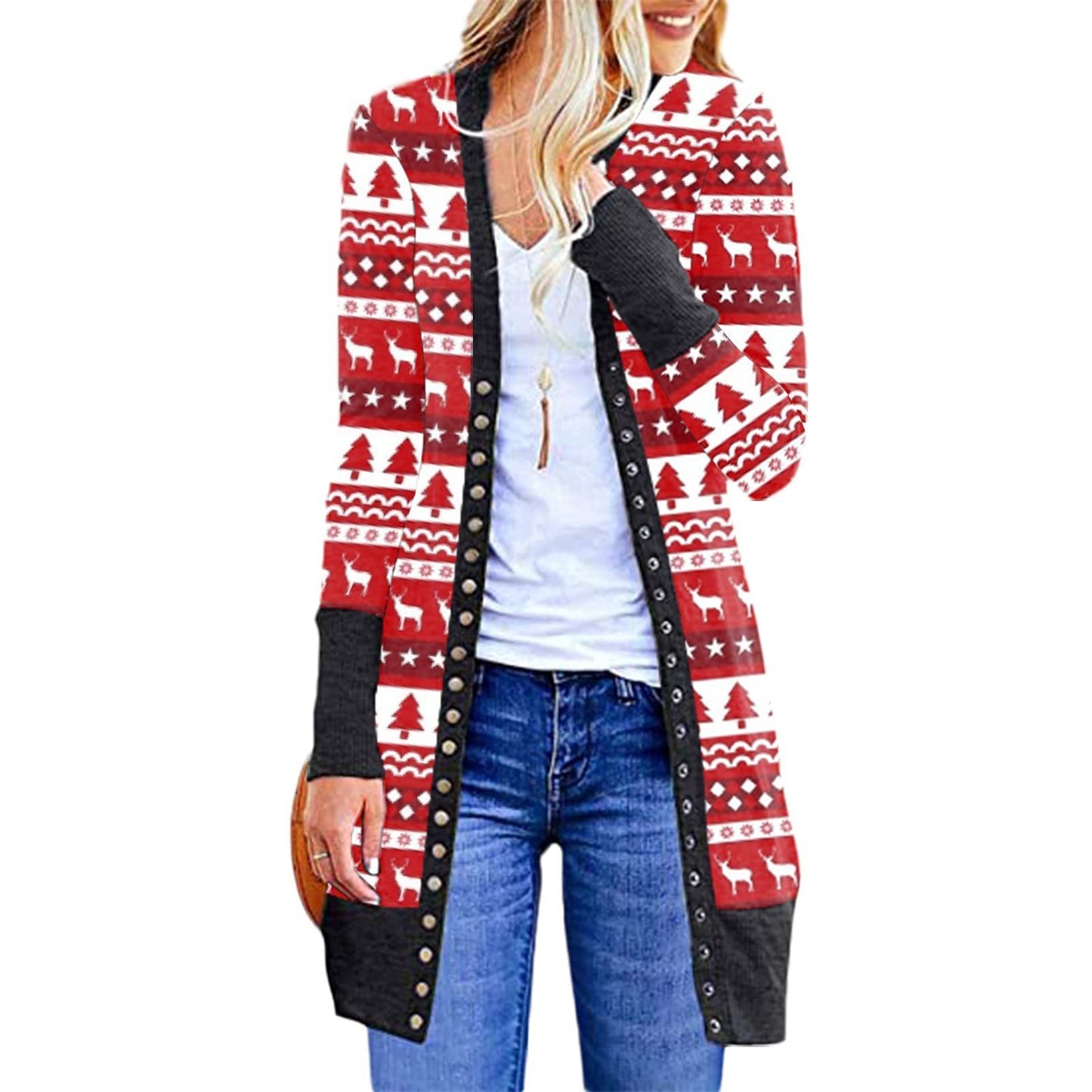 Christmas Print Fashion Long-sleeved Cardigan Women